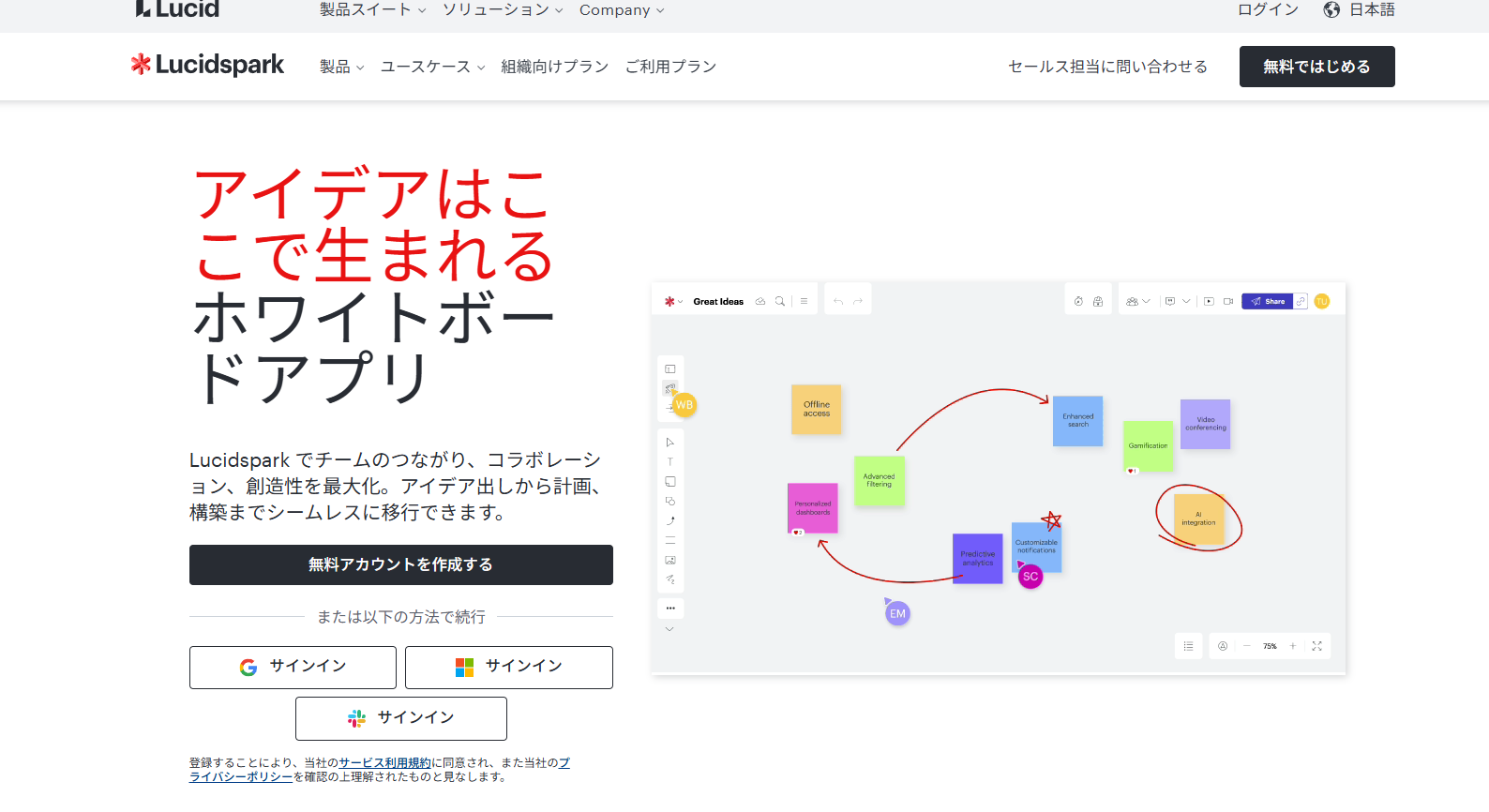 ホワイトボードアプリのウェブサイト