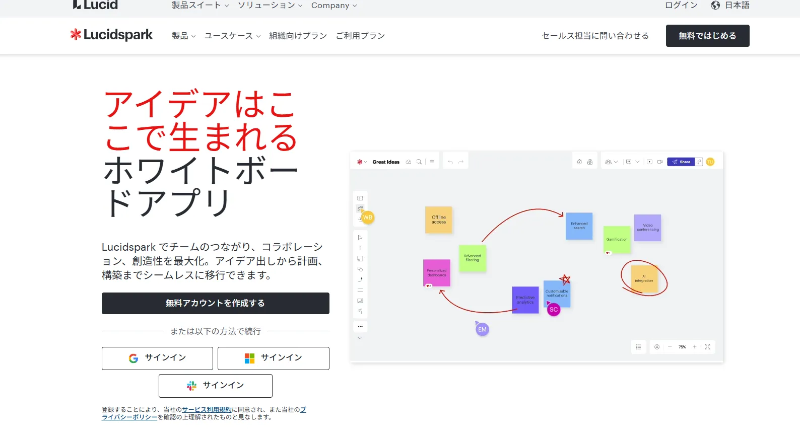 ホワイトボードアプリのウェブサイト