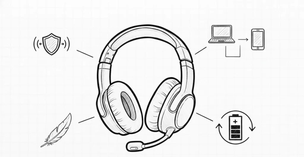 Checklist illustration showing key factors to consider when choosing a headset for video conferencing, such as noise cancellation, comfort, wireless connectivity, and compatibility.