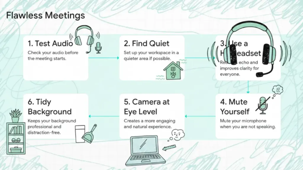Illustration of practical video conferencing tips, including testing audio, using a headset, muting when not speaking, positioning the camera at eye level, and maintaining a professional background.