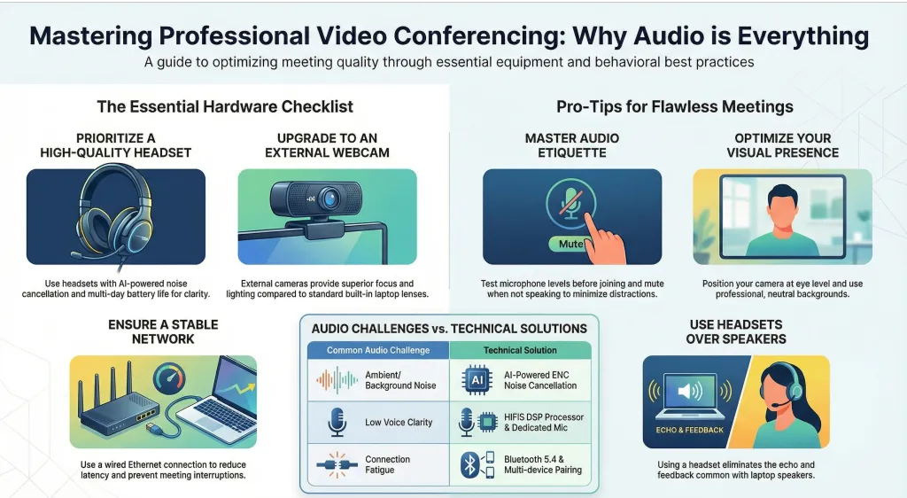 "Mind map illustrating the key points and structure of the article on video conferencing, headsets, and best practices.