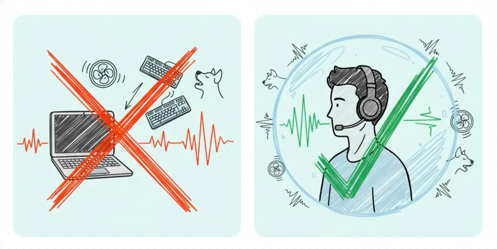Side-by-side comparison showing video conferencing audio quality before using a headset and after using a headset, highlighting clearer sound and reduced background noise.