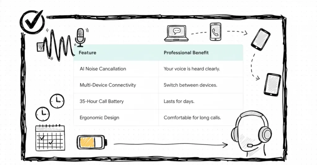 Diagram illustrating the features and benefits of a headset, including noise cancellation, comfort, wireless connectivity, and multi-device compatibility.