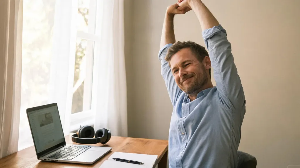 A professional taking a two-minute break between back-to-back meetings, standing and stretching near a home desk, natural daylight
