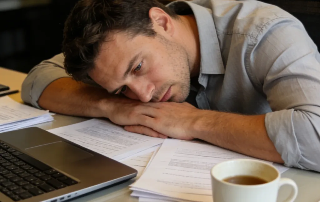 a man is experiencing meeting fatigue