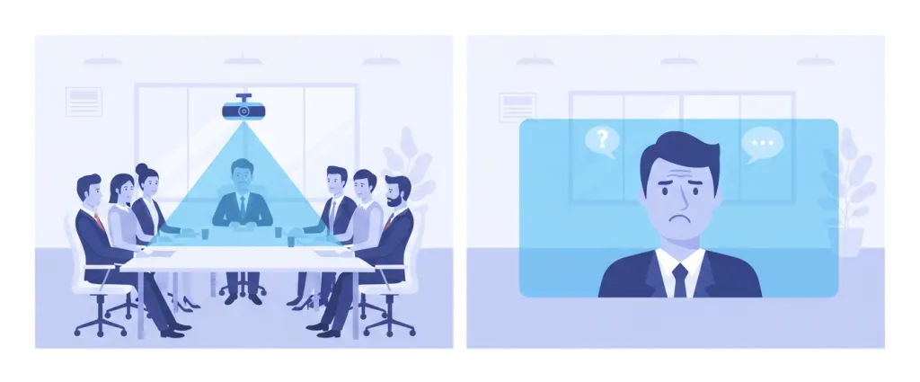 標準カメラでは会議室の全員を映し出せず、リモート参加者にとって誰がいるか分からない状況