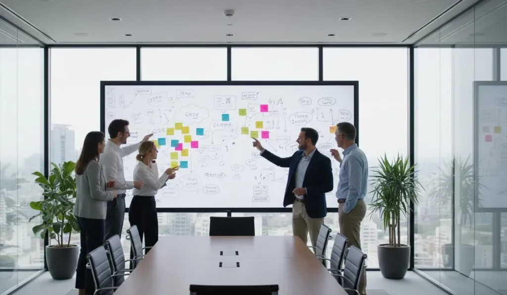 Business team collaborating around a large interactive display in a modern glass-walled meeting room with sticky notes and diagrams on screen