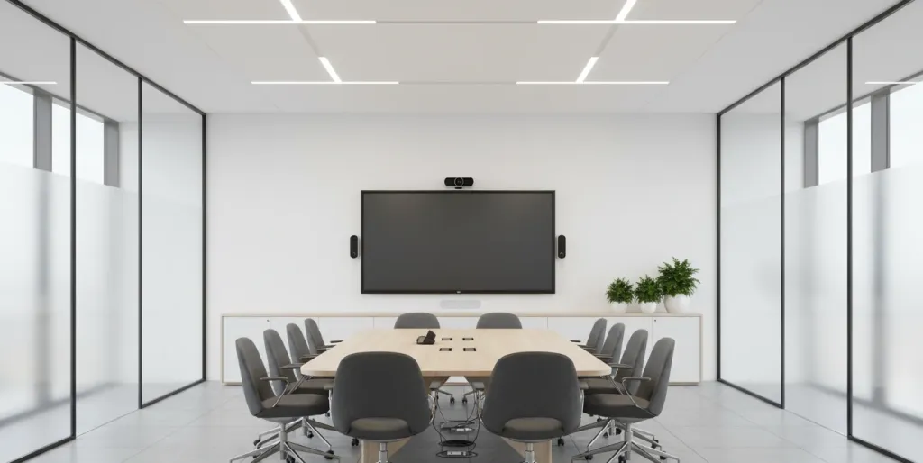 Modern ausgestatteter Meetingraum mit interaktivem Smartboard und Videokonferenztechnik