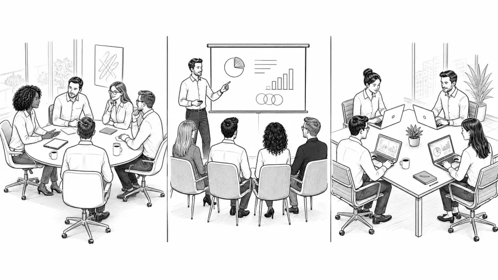 Illustration of three conference room meeting workflows: roundtable discussion, presenter-led meeting, and laptop-based collaboration.