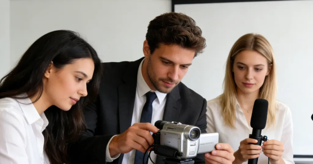 people set up for a hybrid meeting