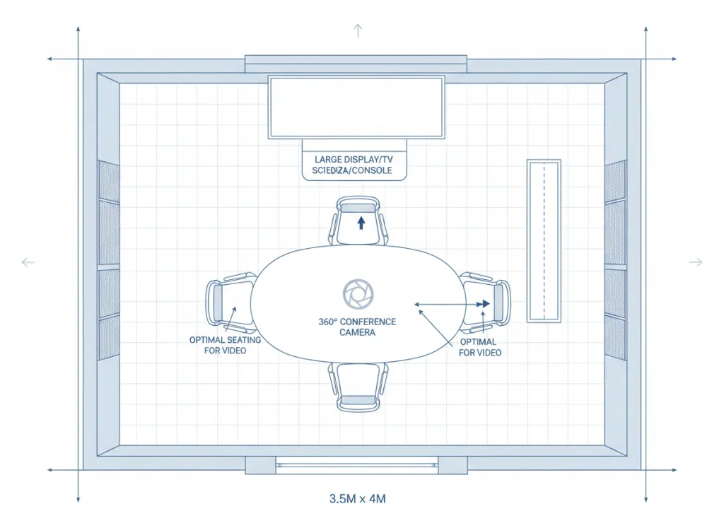 Abbildung 6: Architektonischer Grundriss eines optimal konfigurierten kleinen Meetingraums (3,5 x 4 m) mit zentraler 360°-Kamera und idealer Sitzplatzanordnung