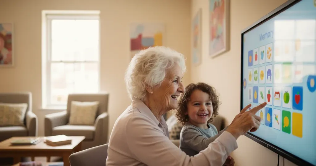 Elderly grandmother and young grandchild smiling together while playing a colorful memory matching game on a large interactive touchscreen display in a warm living room setting