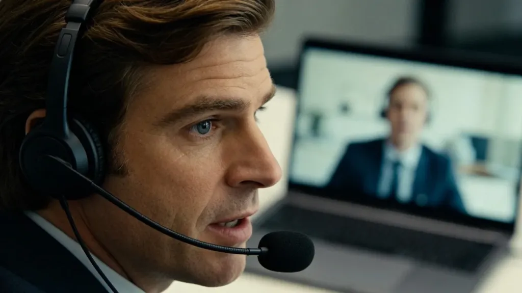 Close-up of a boom microphone arm on a wireless headset near a man's mouth during a video call