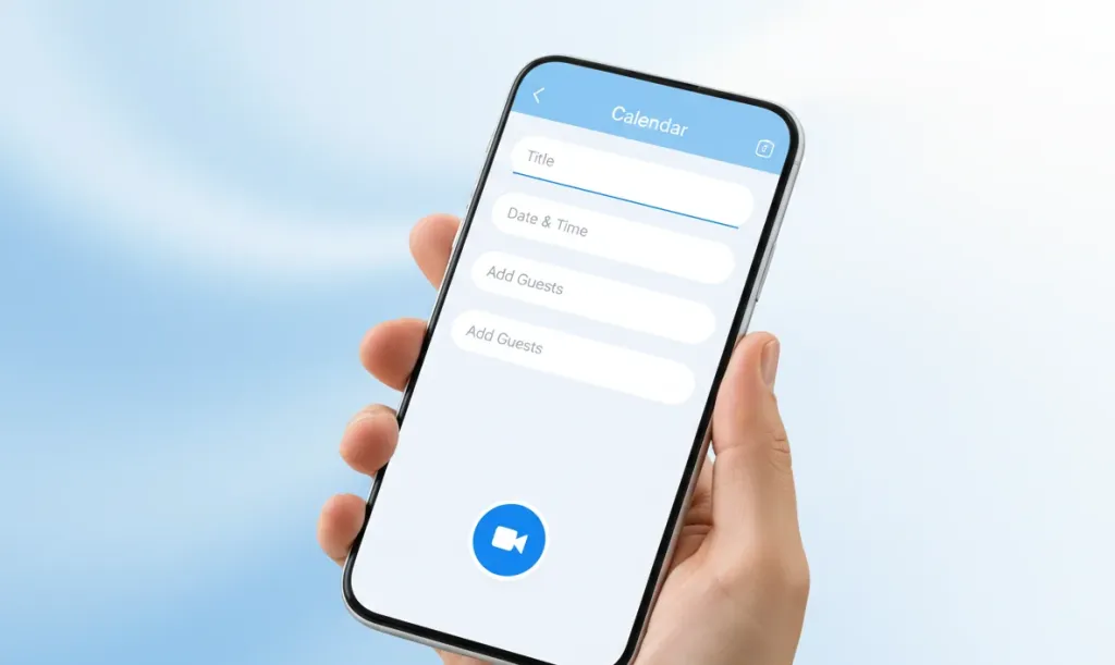 A hand holding a modern smartphone displaying a calendar event creation screen with a blue video call icon button, illustrating the mobile scheduling workflow