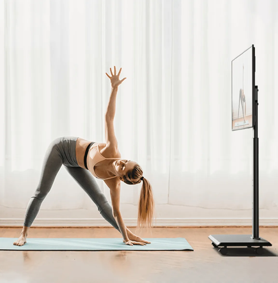 Mobile tv with rolling stand for workout