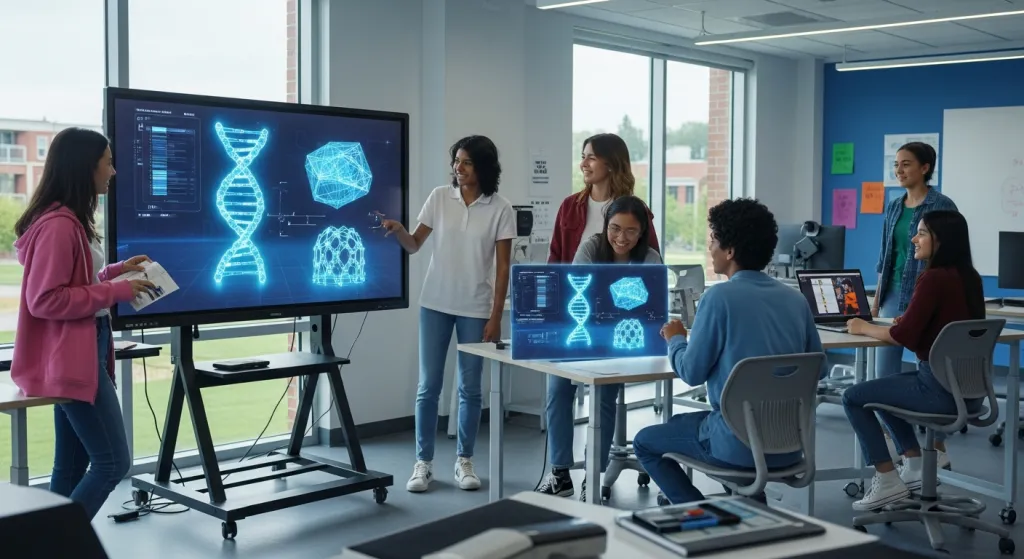 A modern boarding school classroom where diverse teenage students collaborate using a large interactive digital board displaying 3D STEM models, illustrating a tech-integrated 24/7 learning ecosystem.