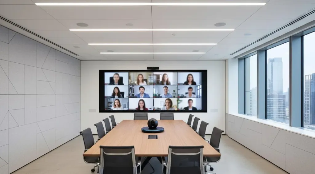 Modern ausgestatteter Konferenzraum mit 360-Grad-Kamera, großem Display und ergonomischen Möbeln für hybride Meetings