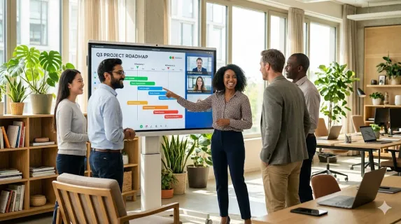 modern hybrid team meeting with smartboard