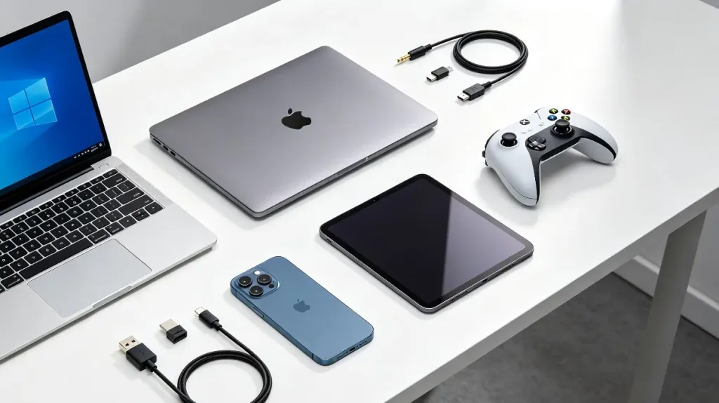 Flat lay showing multiple compatible devices with different headset connection options