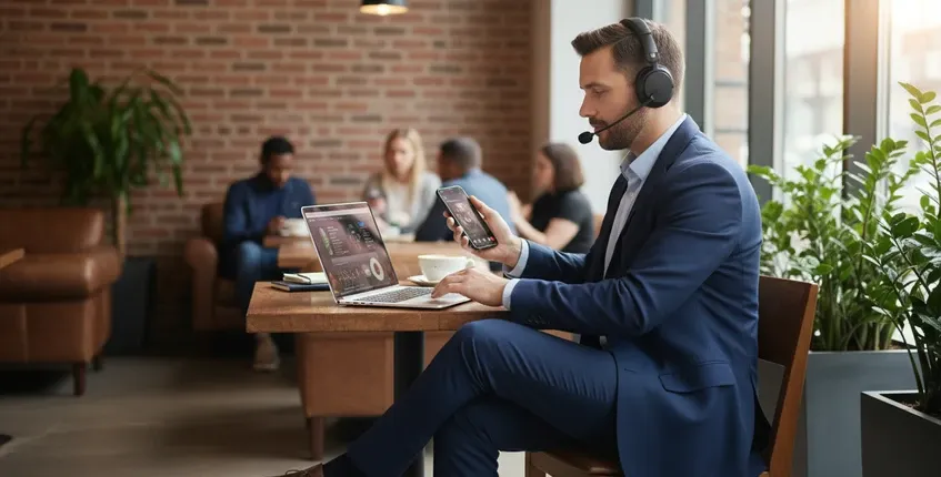 Professional man in coffee shop seamlessly switching between laptop and smartphone while wearing wireless headset with boom microphone