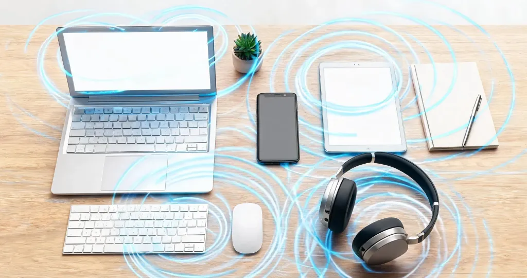 Overhead view of a modern desk with multiple Bluetooth devices showing wireless signal congestion