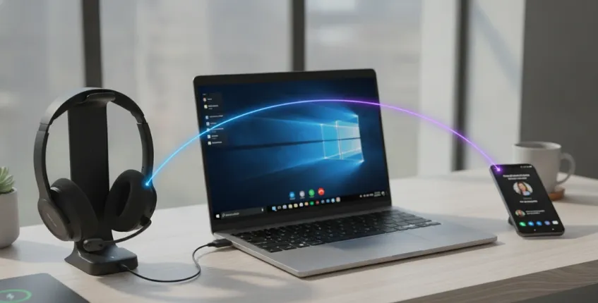 Wireless headset with Bluetooth multipoint and USB dongle switching seamlessly between laptop and smartphone