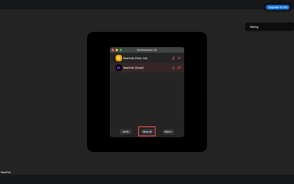 Zoom Workplace meeting screen showing mute controls for muting all participants during a video call.