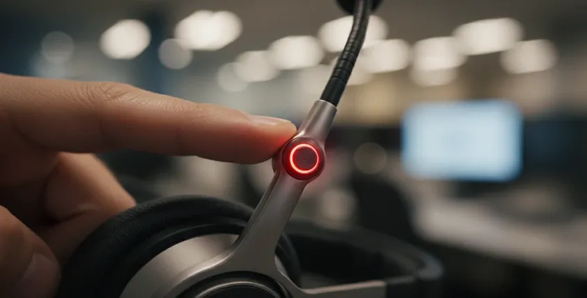 Extreme close-up of finger pressing mute button on headset boom microphone with red LED indicator glowing to show muted status