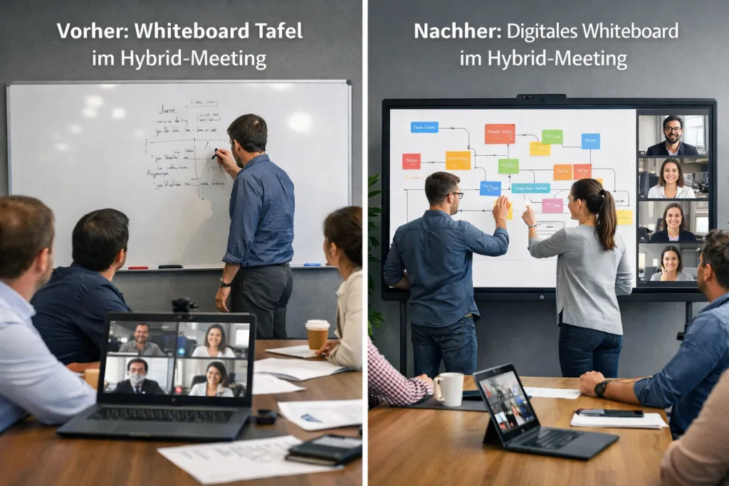 Hybrid-Meeting mit Whiteboard Tafel vs digitales Whiteboard im Konferenzraum