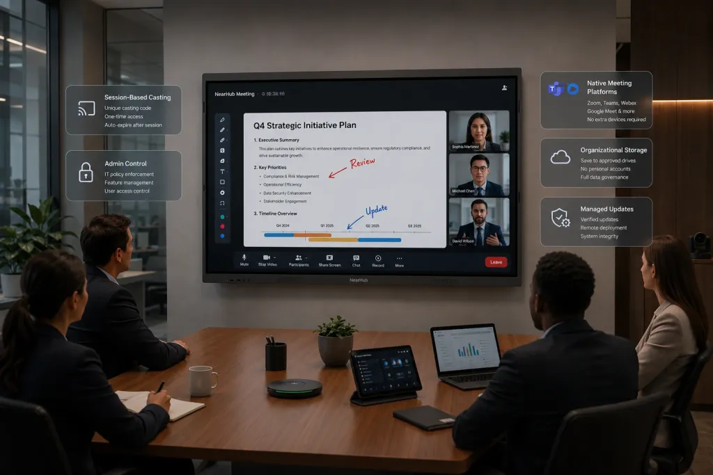 NearHub Board running a controlled meeting session with managed casting, native conferencing, and administrative controls.