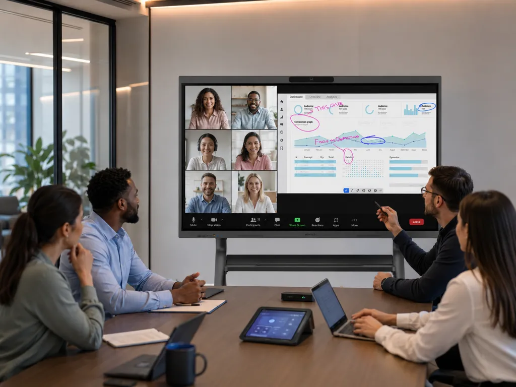 NearHub Board Max interactive display used for an all-in-one hybrid meeting in a modern conference room.