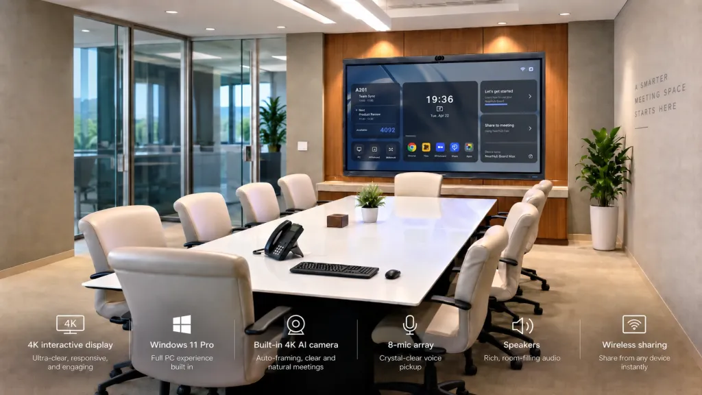 NearHub Board Max all-in-one meeting room display with Windows 11 Pro, 4K camera, microphone array, speakers, and wireless screen sharing.