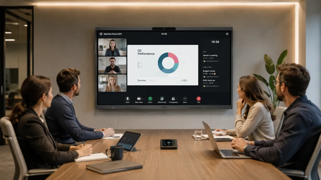 Zoom Room setup with NearHub Board Max as an all-in-one interactive display for video meetings and collaboration.
