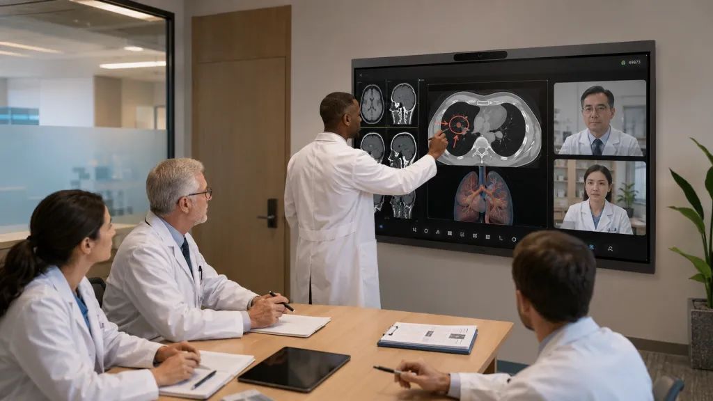 Doctors annotate medical imagery on a NearHub Board during a secure hybrid case conference.