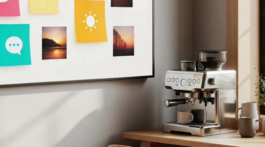 A modern office breakroom featuring a digital whiteboard used as a bulletin board with colorful digital notes to facilitate communication between morning and afternoon shifts.