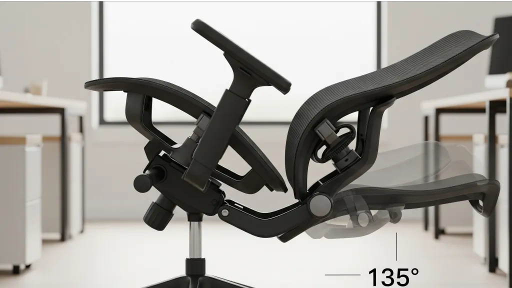 Side view of NearHub EC20 ergonomic chair in 135-degree deep recline mode, showing adjustable lumbar support and standard seat design without footrest.