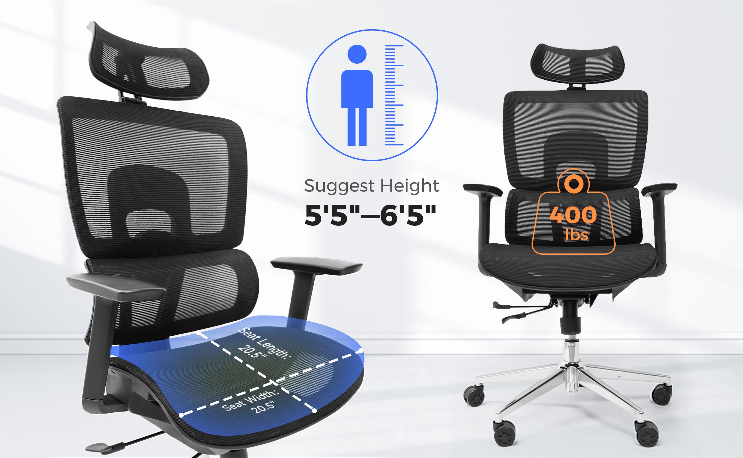 NearHub Ergo EC20 office chair for 6 feet person with wider seat pan & 400lbs Capacity