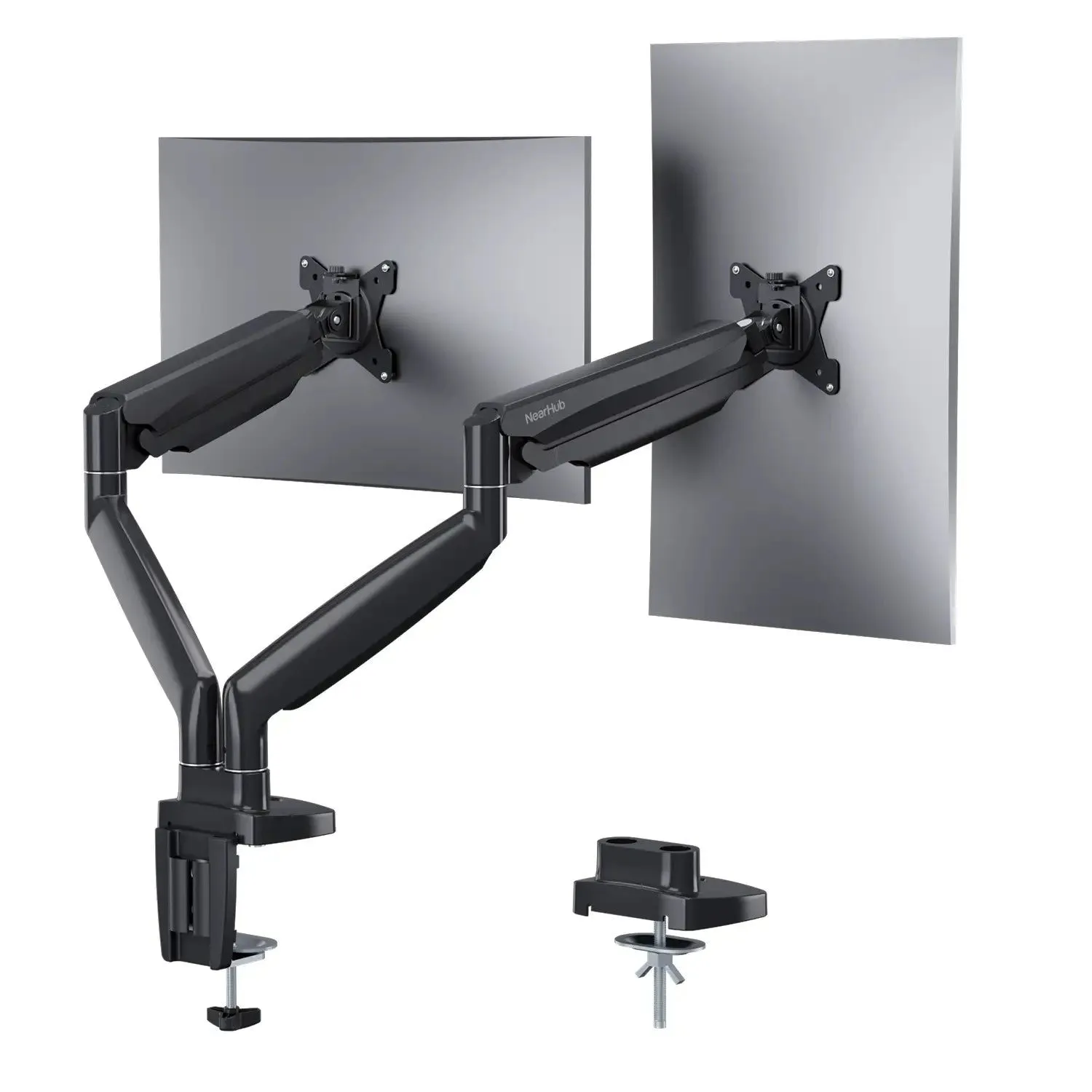 A gray double monitor desk stand
