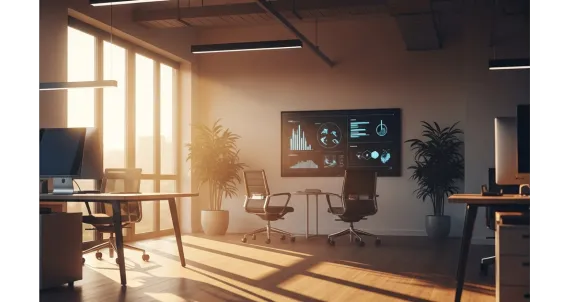 A clean office setting featuring a NearHub interactive smart whiteboard used for training employees in morning jobs
