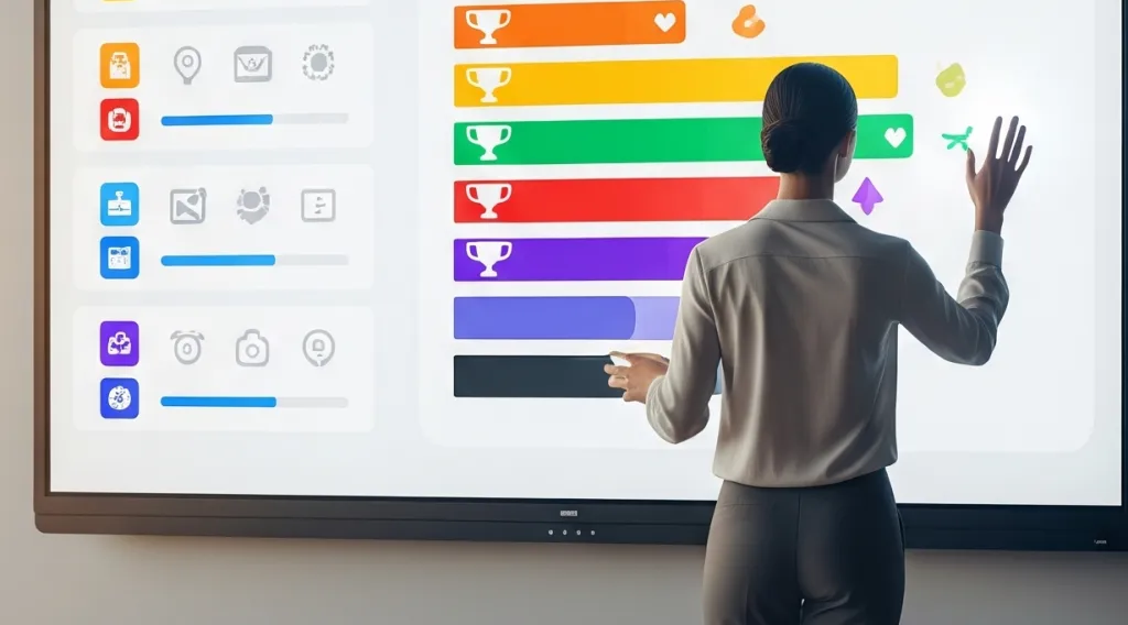 A professional using a NearHub S Pro Smart Whiteboard to manage visual SOPs and a gamified morning leaderboard in a sunlit office.