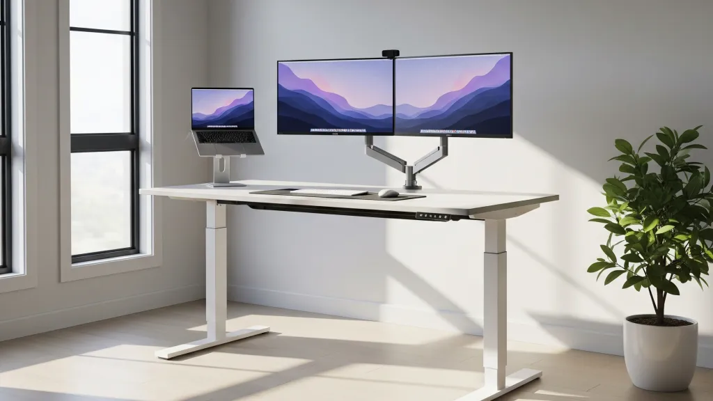 Modern white electronic adjustable height desk in a minimalist home office with dual monitors