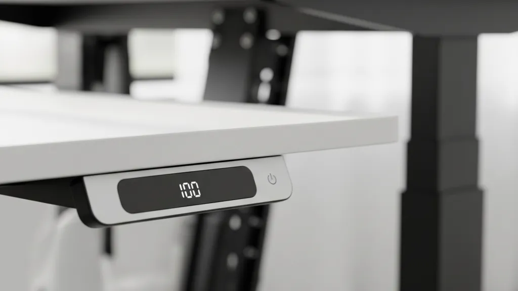 Close-up of a white electric standing desk's digital LED controller and sturdy carbon steel frame, highlighting premium construction features.
