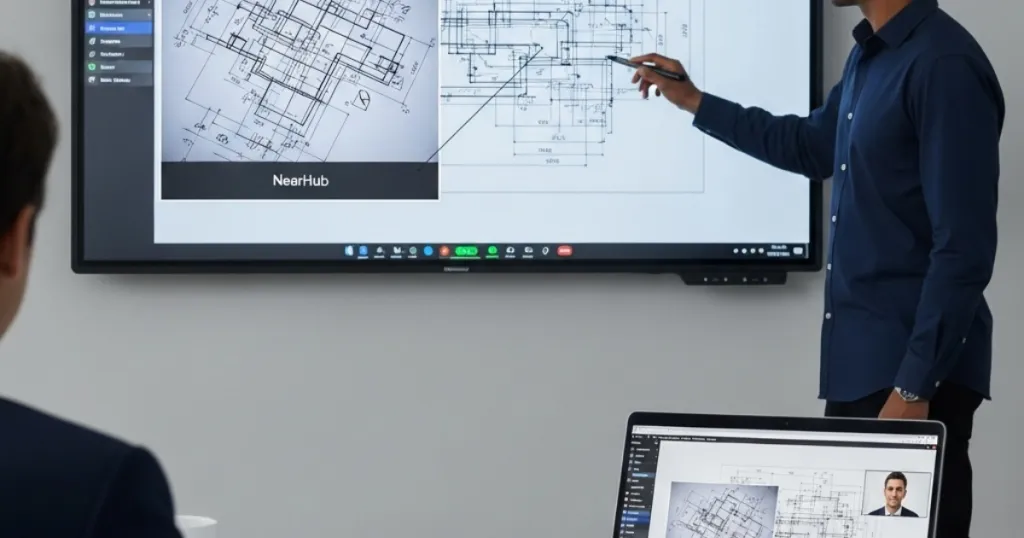 In a hybrid meeting scenario, NearHub’s Unified Zoom feature synchronizes 4K high-definition details for both the presenter at the physical whiteboard and remote participants on their laptop screens.