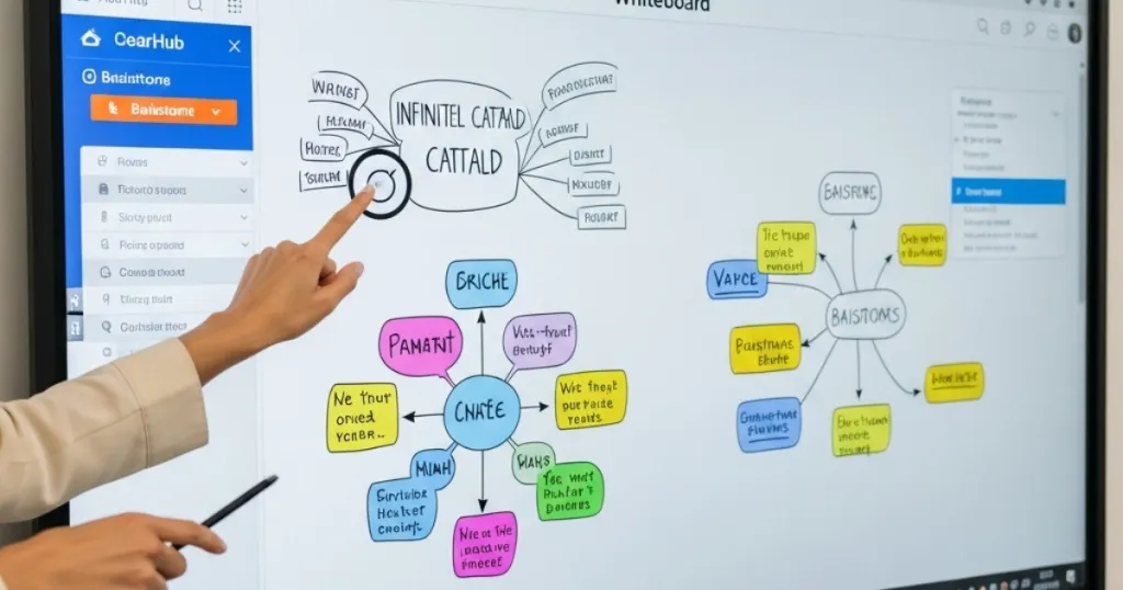 A finger pointing at a smart whiteboard, ready to zoom in.
