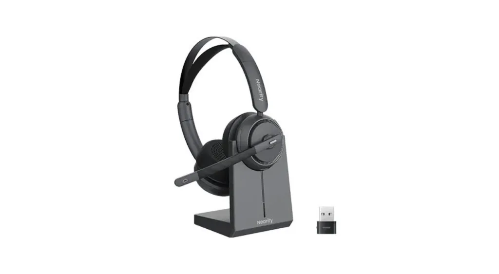 Nearity EP320 wireless headset with boom microphone, USB dongle, and charging dock displayed on a white background