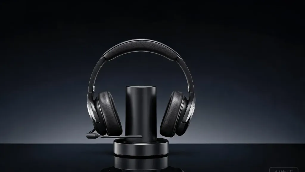 A sleek wireless business headset on a charging stand with studio lighting
