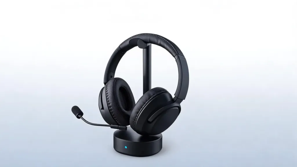 A black over-ear wireless business headset on a sleek charging stand against a clean white-to-gray gradient background, studio product photography