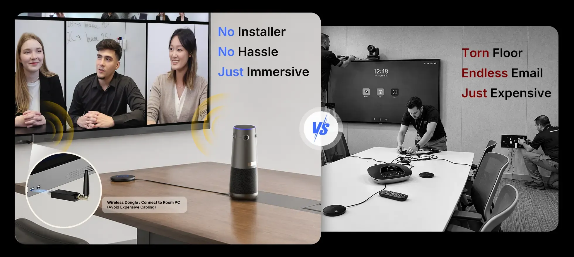 Nearity 360 Alien plug and play conference camera vs traditional messy AV setup, featuring wireless dongle for zero IT installation.