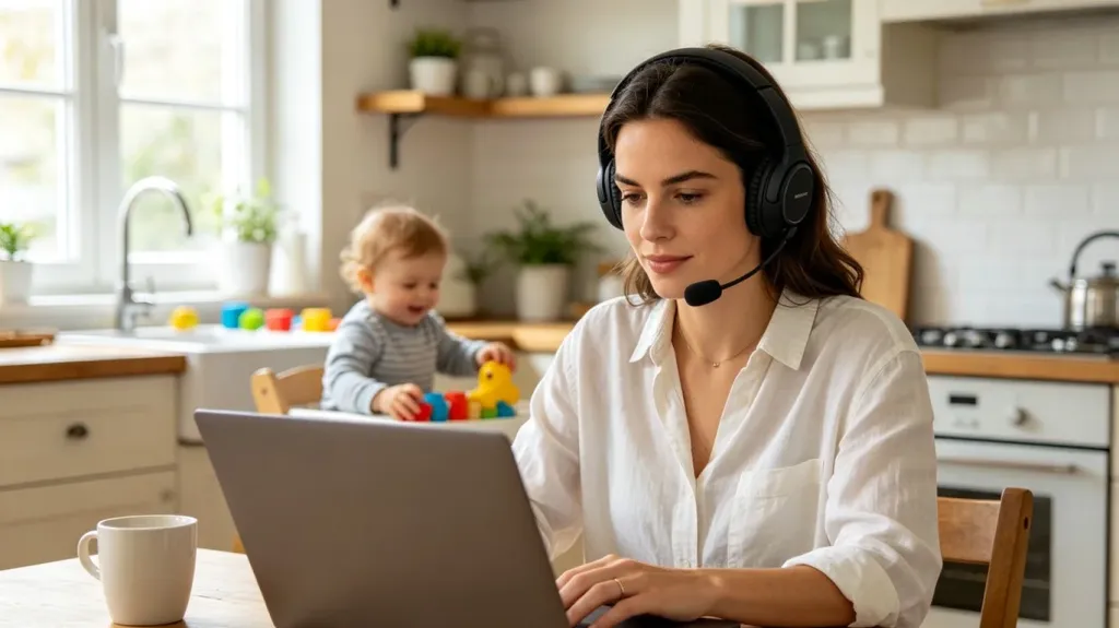 A woman wearing a professional headset with boom microphone working calmly on a laptop video call while a toddler plays nearby