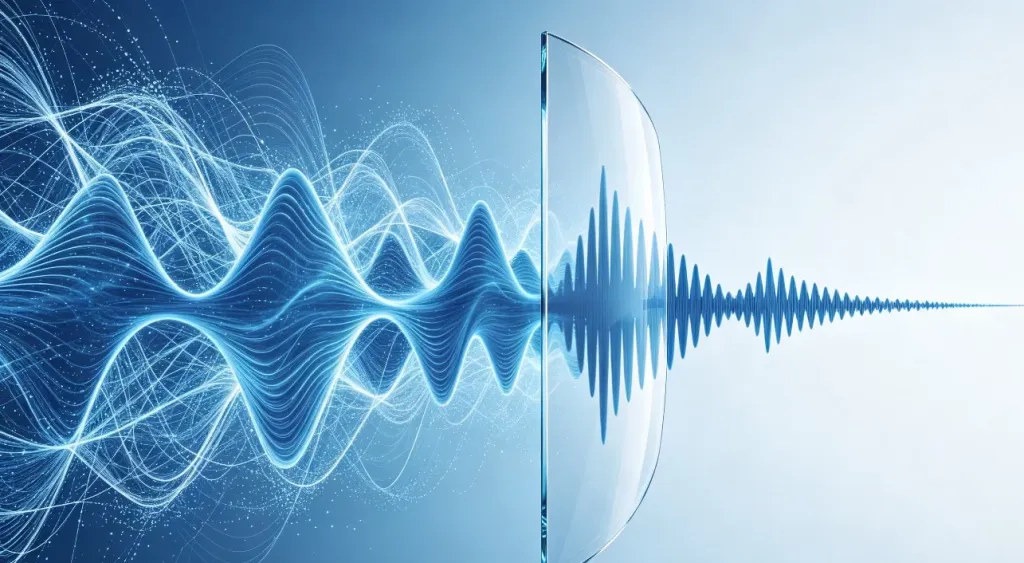 Abstract visualization of sound waves being blocked by a transparent noise-cancelling shield in blue and white